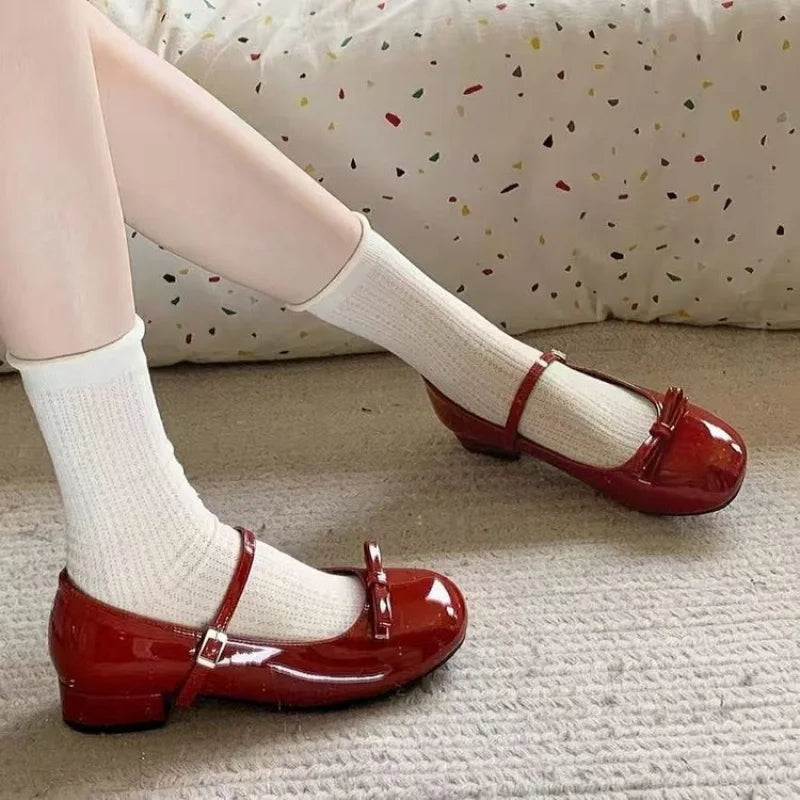 All-Season New French Fairy Style Mary Jane Heels - Red Round Toe Bow Square Heel Flats, Temperament Fashion Shoes