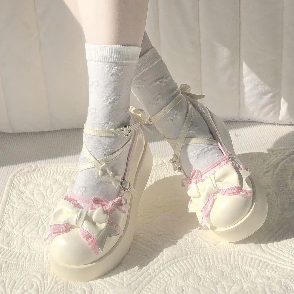 Lovely Girls Lolita Flats Platform Shoes,Students Sweet Heart Bowknots Cross Tied Mary Janes