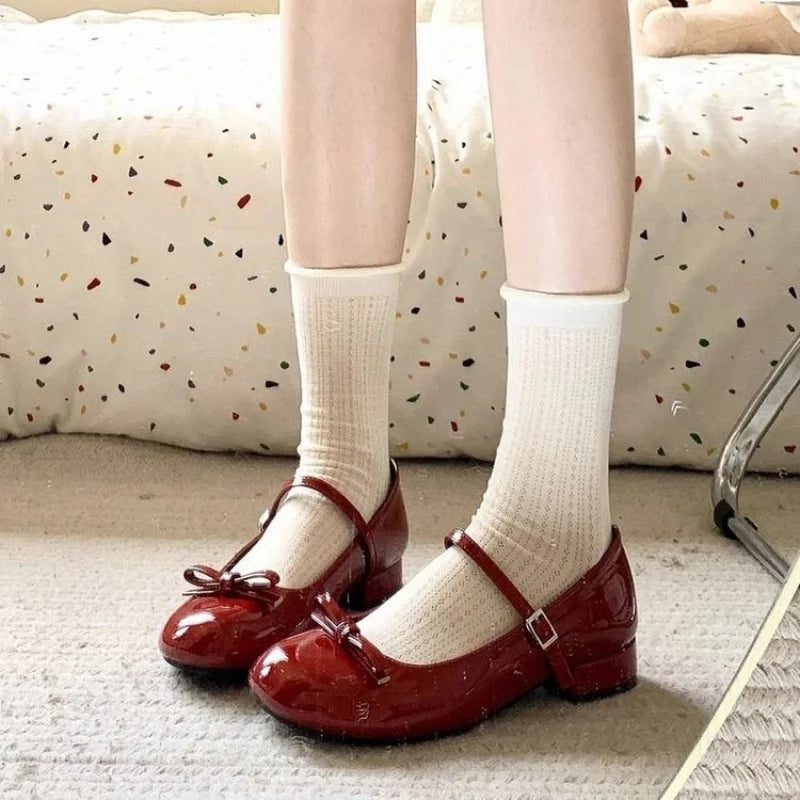 All-Season New French Fairy Style Mary Jane Heels - Red Round Toe Bow Square Heel Flats, Temperament Fashion Shoes