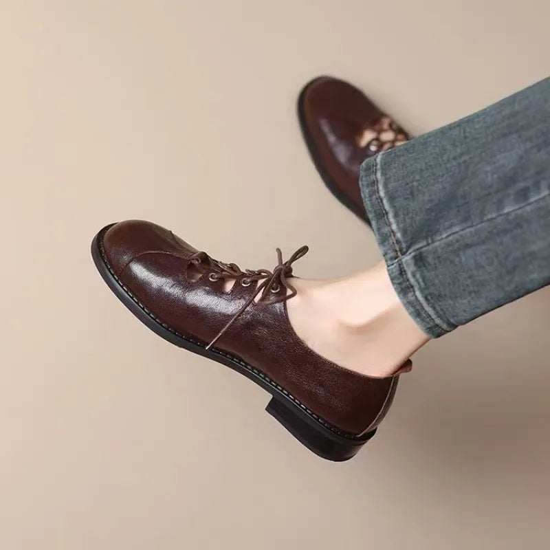 Autumn/Spring Women Loafers Round Toe Low Heel Shoes Genuine Leather Shoes for Women Cross-tied Women Pumps Handmade Shoes