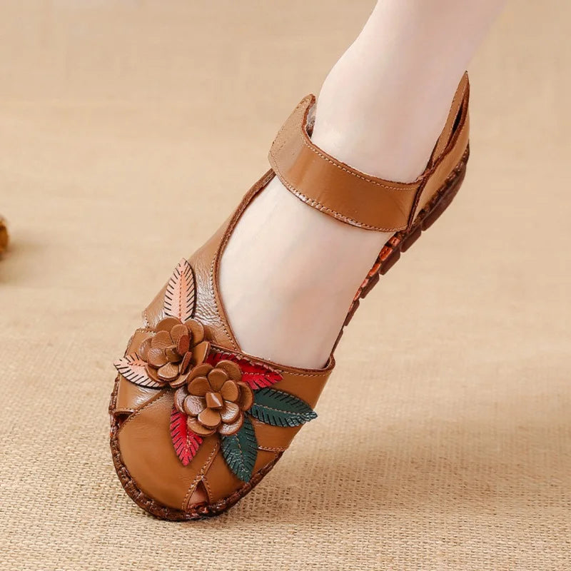 Size 42 Flat Heel Genuine Leather Sandals Woman Summer Hollow Out Shoes Mom Women's Retro Flower Orthopedic Sandals for Ladies