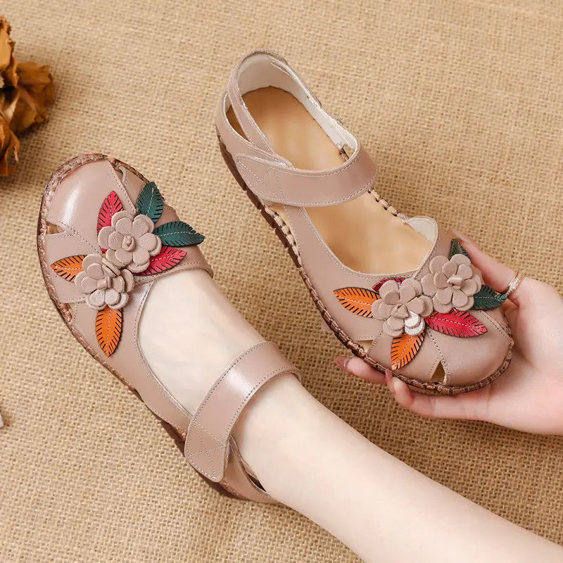 Size 42 Flat Heel Genuine Leather Sandals Woman Summer Hollow Out Shoes Mom Women's Retro Flower Orthopedic Sandals for Ladies