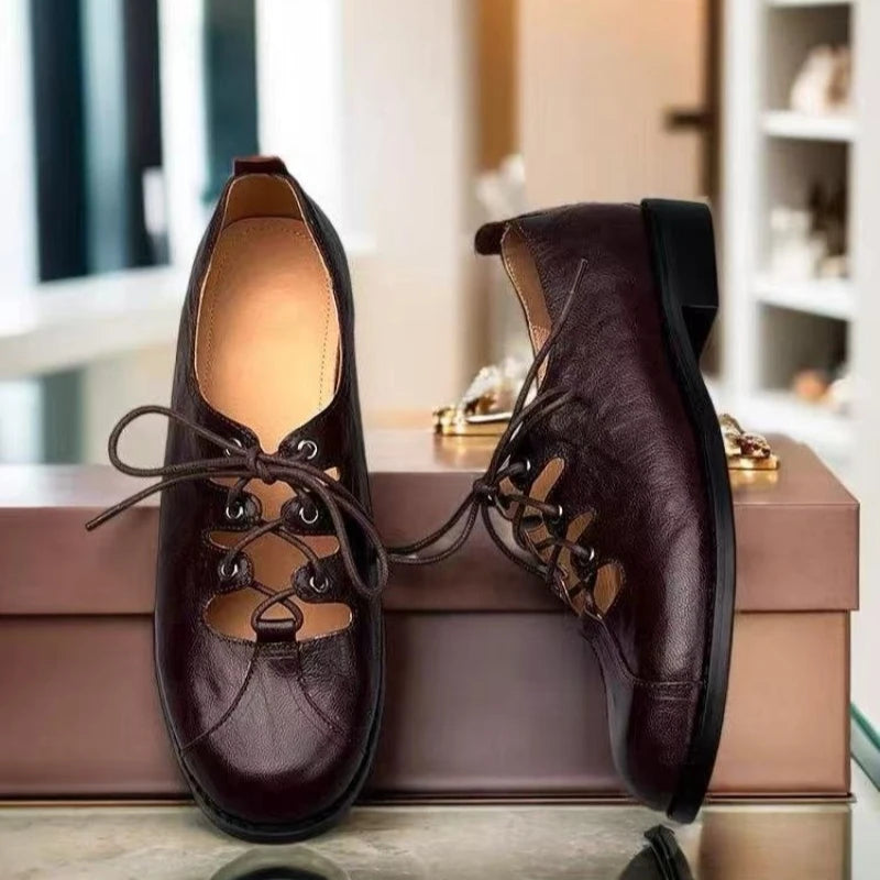 Autumn/Spring Women Loafers Round Toe Low Heel Shoes Genuine Leather Shoes for Women Cross-tied Women Pumps Handmade Shoes