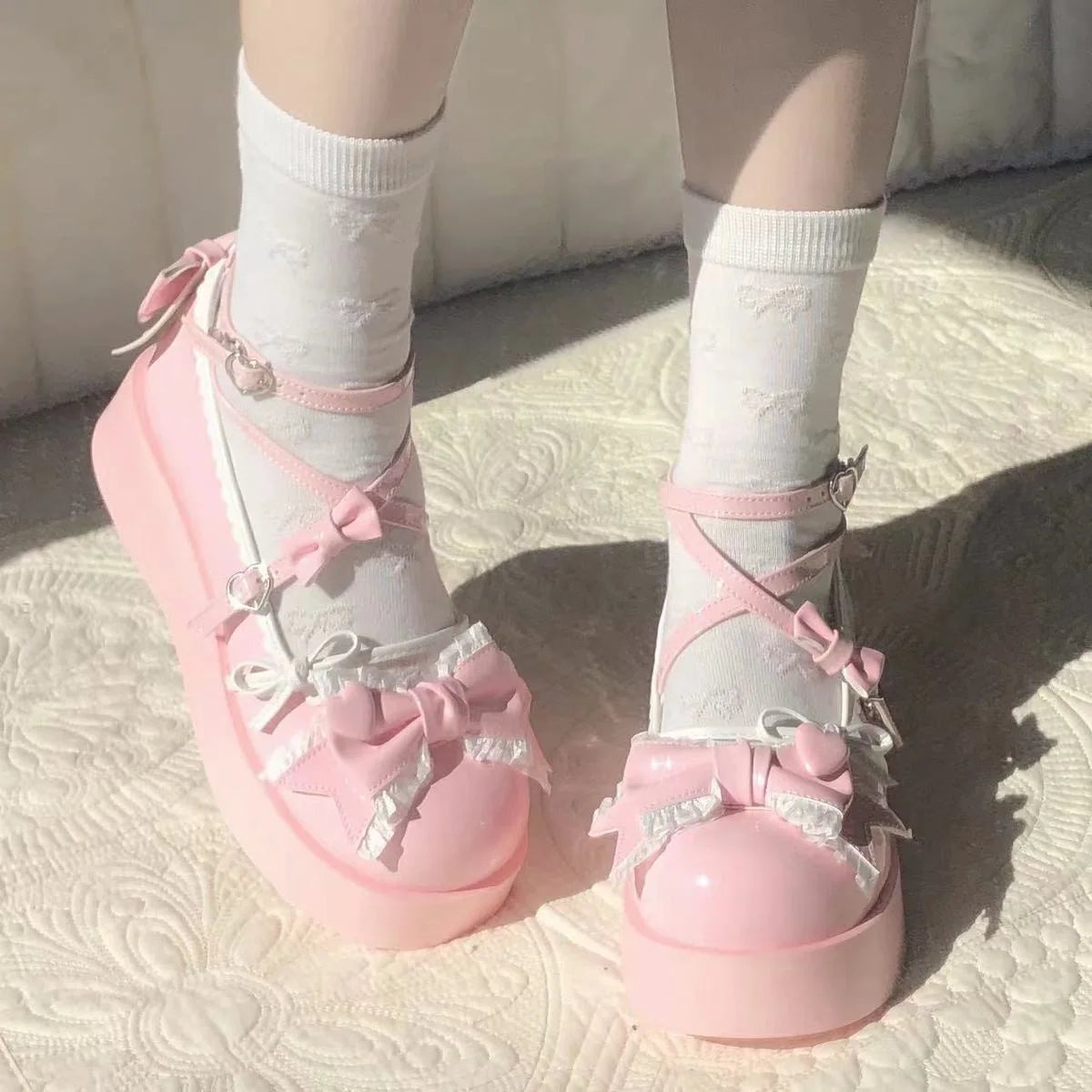Lovely Girls Lolita Flats Platform Shoes,Students Sweet Heart Bowknots Cross Tied Mary Janes